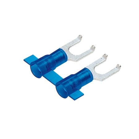 Panduit Fork Terminal, #8 Stud Size, 14 AWG, 600 V, Nylon Insulated, Blue, Crimp Termination Only, 3000 PK PNF14-8FF-3K